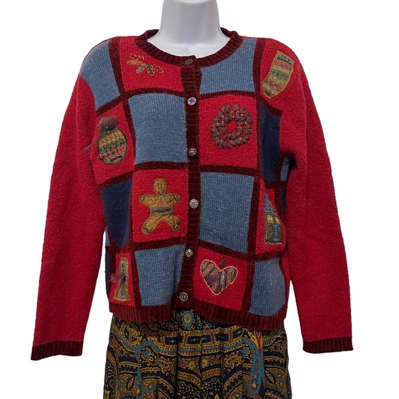 Koret City Blues Women's Sz Large Christmas Sweater Button Front Red Patchworks - Picture 1 of 12